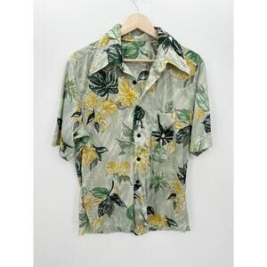 Vtg Green Button Down Tropical Short Sleeve Shirt Mens Size L Antron Nylon